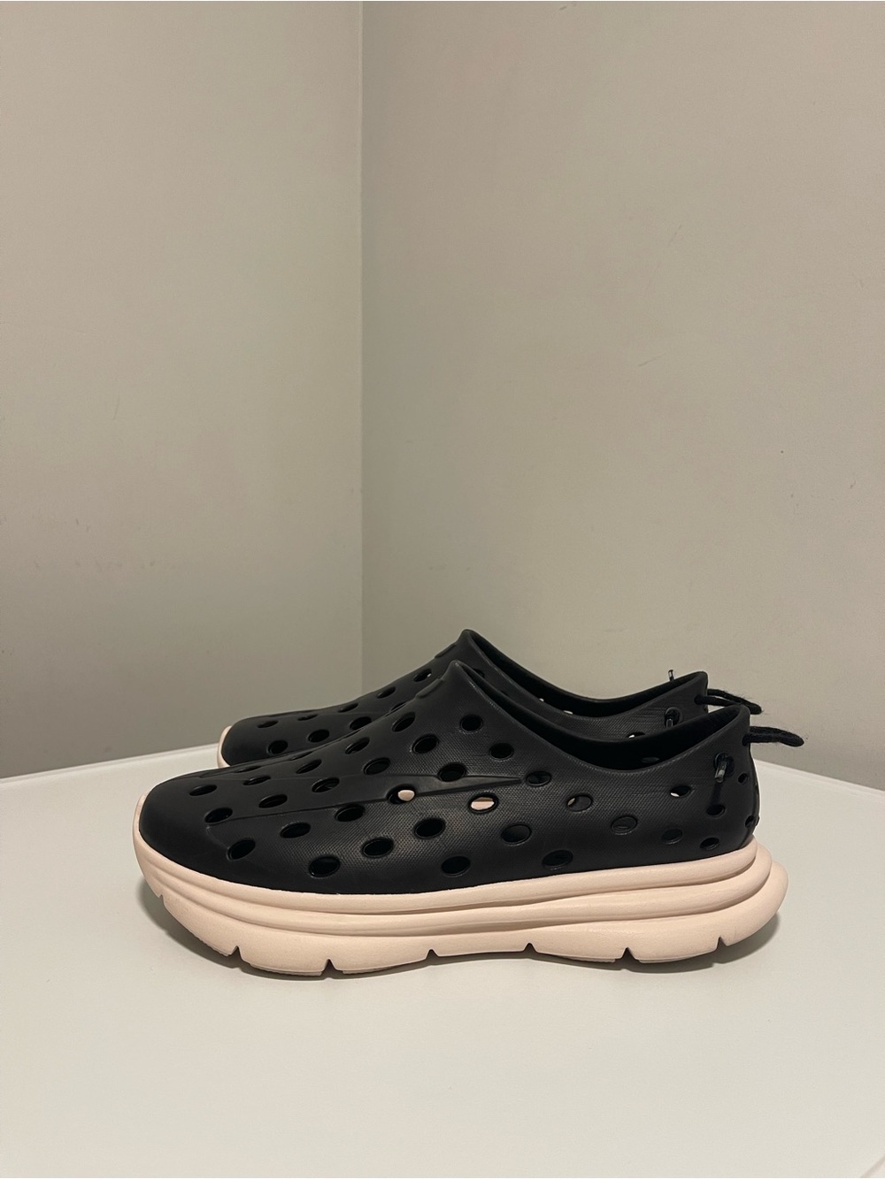 Women’s Black Slip-On Perforated Sandals with Cream Platform Sole